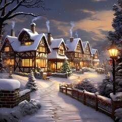 Snowy winter night in a small village. Christmas and New Year concept.
