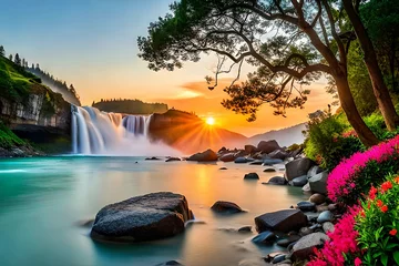 Foto auf Alu-Dibond waterfall at sunset © Izhar