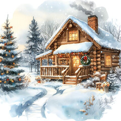 Watercolor artistic expression of a rustic winter cabin