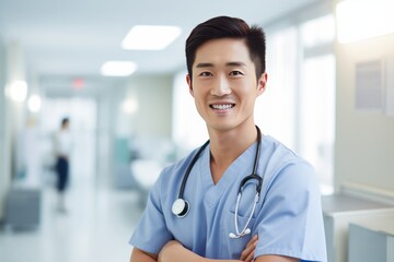 Portrait of smiling young male asian doctor in a hospital