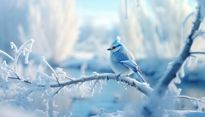 A serene winter scene delicate bird perched on frost covered branch in snowy christmas park