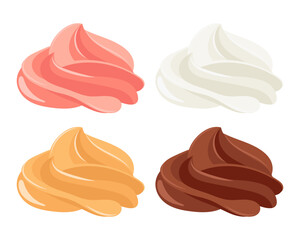 Creamy swirl set. Whipped cream, mousse. Strawberry, chocolate, vanilla and caramel cream. Dessert illustration in cartoon flat style. Food icon. Vector - obrazy, fototapety, plakaty