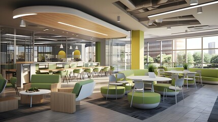 Fototapeta na wymiar Panorama of modern co-working space with green and yellow furniture