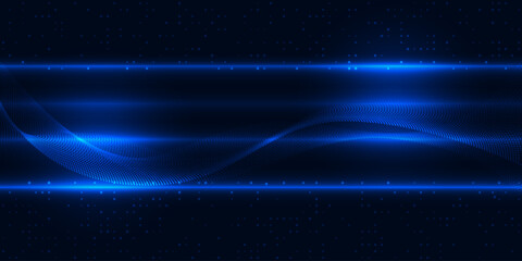 Abstract blue futuristic digital technology background with glowing horizontal line and wireframe wave network.Digital communication innovation and technology concepts.