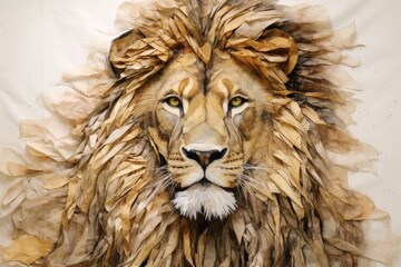 A paper rendition of a regal lion, its flowing mane and fierce expression created from bunched newspaper.
