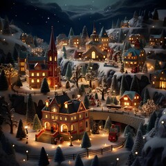 Fototapeta na wymiar Christmas village at night with christmas tree and snowfall. 3d rendering