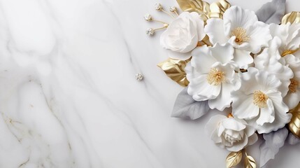 Wedding background with a white marble and granite luxurious texture and gold - white enchanting floral jewerly arrangement. Card, voucher. 