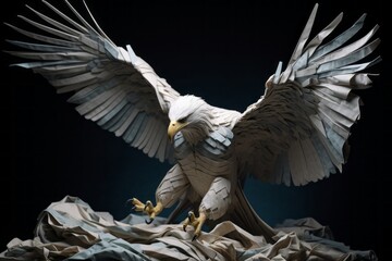 A crumpled paper figure of a majestic eagle, its wings outstretched as if soaring through the sky