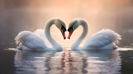 Schilderijen op glas Two swans facing each other in the shape of a heart. Concept of love and romance © ColdFire