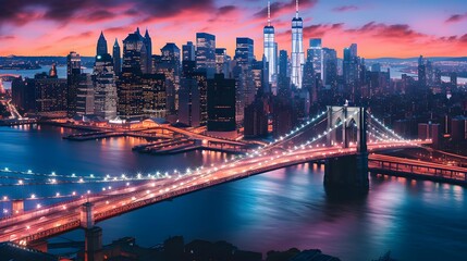 Panorama of Brooklyn Bridge and Manhattan skyline at sunset, New York City