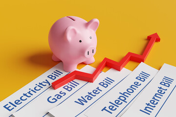 Pink piggy bank, piles of utility bills and a red upward arrow on a yellow background. Illustration of the concept of household expenses and increasing cost of living - obrazy, fototapety, plakaty
