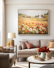 Modern living room interior with sofa, coffee table and painting on wall