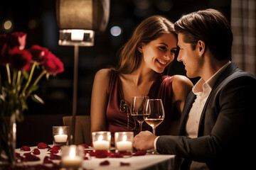 Young couple enjoying romantic dinner in restaurant with roses and champagne. - obrazy, fototapety, plakaty