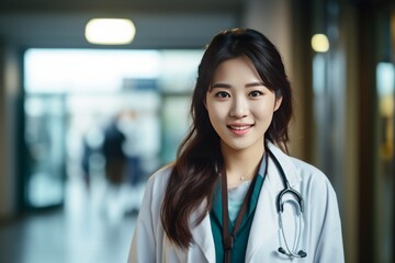 Portrait of smiling young female asian doctor in a hospital - obrazy, fototapety, plakaty