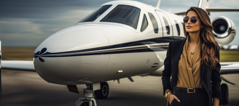 Business Woman On The Runway Near A Private Plane Jet Generative AI