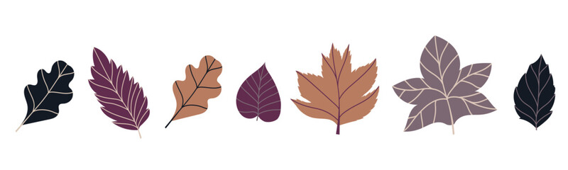 maple, oak, birch leaves. Set of vector illustration in cozy autumn colors. Isolated objects for scrapbooking, textile or book covers, wallpapers, design, graphic art, printing, hobby, invitation.