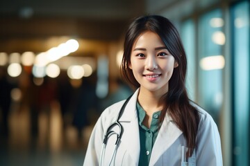 Portrait of smiling young female asian doctor in a hospital - obrazy, fototapety, plakaty