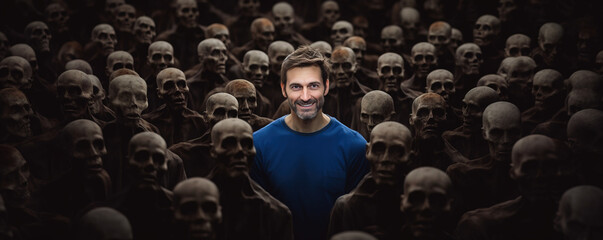 Smiling man standing in between zombies, thinking different from the crowd of brain washed people - obrazy, fototapety, plakaty
