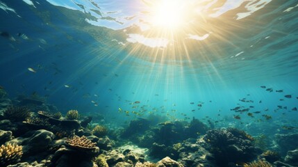 Naklejka na ściany i meble Underwater wonderland captivating bubbles and ethereal light rays in the mesmerizing deep sea