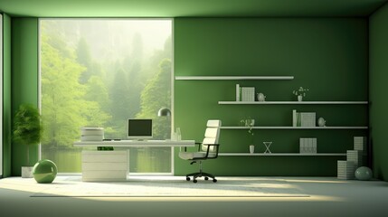 interior space office green background illustration wall modern, dark furniture, living template interior space office green background