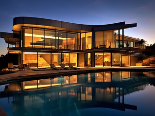 Exterior of a modern luxury house with swimming pool at night.