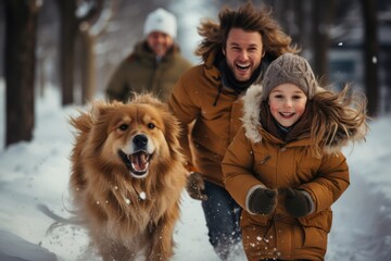 Young kids playing and running with his dog in a snowy wonderland