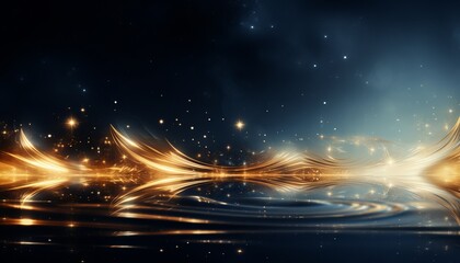 Fototapeta na wymiar Golden particle fluid mesmerizing display of radiant glow enchanting sparkles on dark background