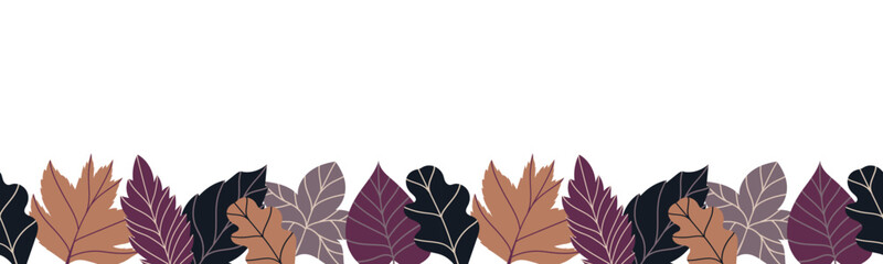 maple, oak, birch leaves. Seamless border with vector illustration in cozy autumn colors. Frame for scrapbooking, textile or book covers, wallpapers, design, graphic art, printing, hobby, invitation