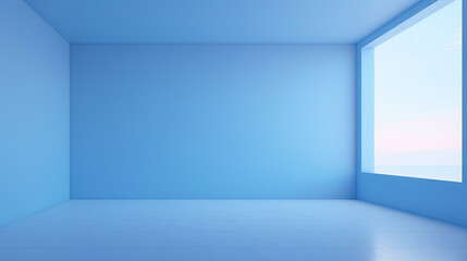 Interior of a minimal empty modern blue room with copy space. Generative AI