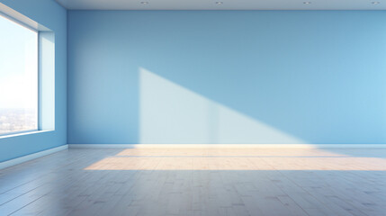 Interior of a minimal empty modern blue room with copy space. Generative AI