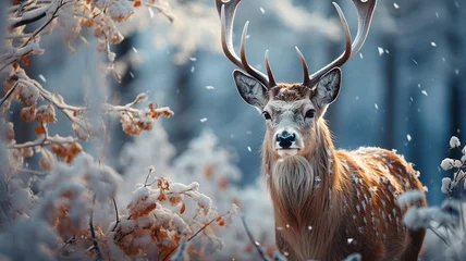 Plexiglas foto achterwand Beautiful wild deer in winter forest. Filtered image processed vintage effect. © Dream Studio