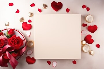 February 14th decoration, white and red hearts background, banner, photo, flat lay, top down view, copyspace