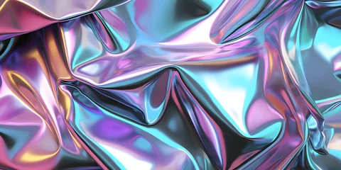Foto op Canvas Seamless Iridescent Silver Holographic Crumpled Chrome Texture, Shiny Metallic  © Jannatul