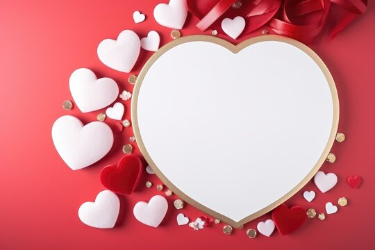 Valentine's Day decoration, white and red hearts background, banner, photo, flat lay, top down view, copyspace