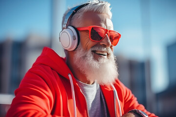 Elderly smiling man in a tracksuit and sunglasses listens to music on headphones against the background of the street. Forever young concept