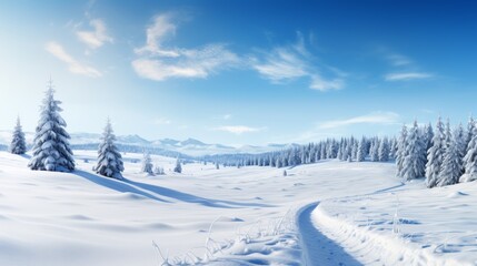 Obraz premium Captivating winter panorama with snow covered fir branches and delicate snowfall in a cold palette
