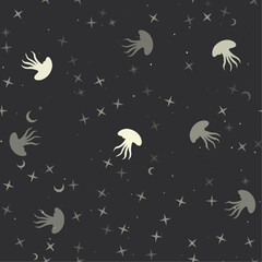 Seamless pattern with stars, jellyfish symbols on black background. Night sky. Vector illustration on black background
