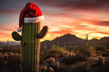 Keuken spatwand met foto Christmas cactus tree with red santa hat against desert background at the sunset, copy space. Cactus as an alternative for Christmas tree. Tropical Christmas mood. Creative Xmas and NY background © Alina
