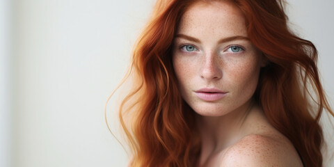 Fototapeta premium Closeup of happy attractive young woman with long wavy red hair and freckles wears stylish t shirt looks happy and smiling isolated over white background