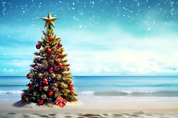 Christmas tree and decorations on the beach on a bright starry night Happy New Year and Merry Christmas holidays travel destinations concept. Christmas holidays on the beach. Xmas magic - obrazy, fototapety, plakaty