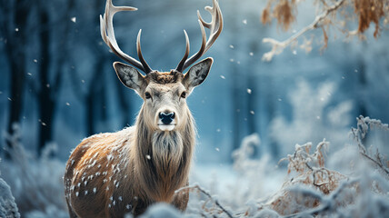 Portrait of a red deer in the forest during the snowfall