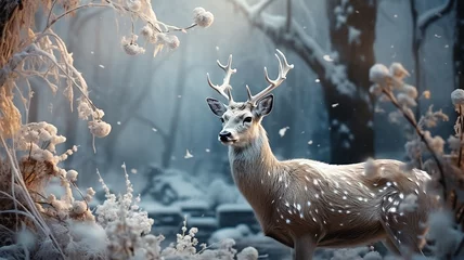 Poster Beautiful deer in winter forest. Filtered image processed vintage effect. © Dream Studio
