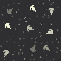 Seamless pattern with stars, yoga symbols on black background. Night sky. Vector illustration on black background