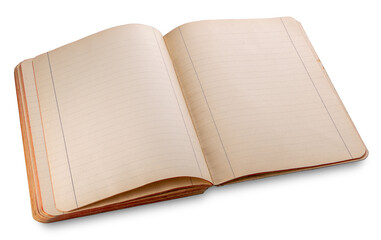 Antique open notebook with lines on pages  yellowed by time, isolated on transparent