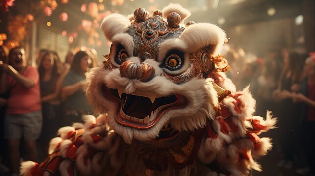 Lion Dance Performance during Chinese New Year Celebration Lunar Year Concept