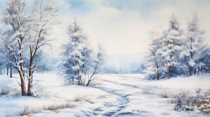 A painting of a snowy landscape with trees