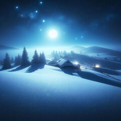 Snowy landscape with soft glow of moonlight on a serene winter night