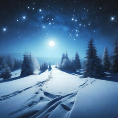 snowy wonderland with its snow covered scenes and a sky full of shimmering stars