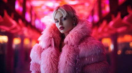 Obraz premium A woman wearing a pink fur coat in a dark room