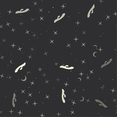 Seamless pattern with stars, sex toy symbols on black background. Night sky. Vector illustration on black background